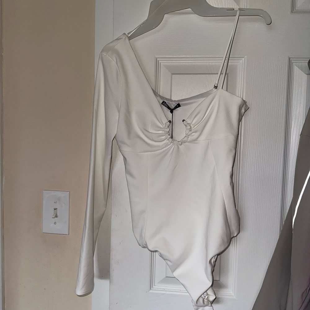 Zara White Body Suit Asymmetrical Long Sleeve
